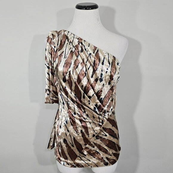 Nwt Eva Franco Glamorous One Shoulder Top Abstract Crushed Velvet Blouse Size 4 - Picture 3 of 15